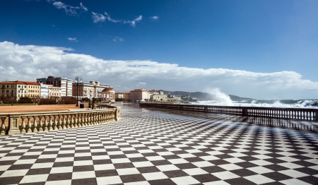 Checkered floor in city square. Livorno, Tuscany, Italy.の写真素材