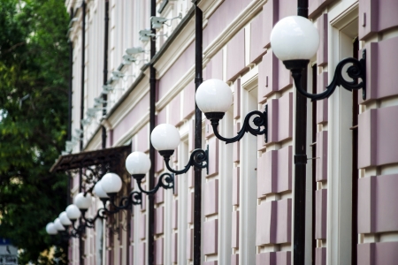 Street lamp line on house in center of Moscowの写真素材