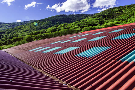 Big red roof over the cow house, Alsace Franceの写真素材