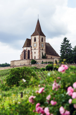 Old medieval church small village, Alsace, Franceの写真素材