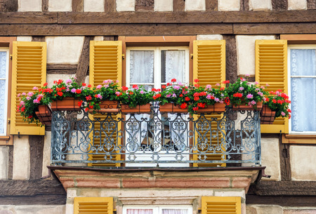 Renovated pvc windows in old countryside house, Alsaceの写真素材