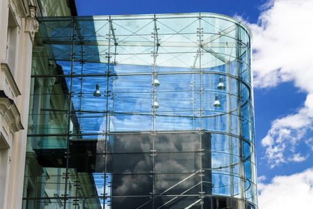 Big glass wall in public place. Construction industry.