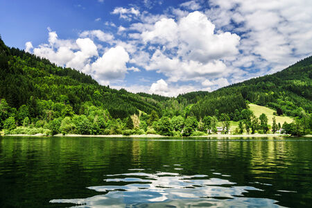 Green river in alpine austrian mountains, beautiful natural landscapeの写真素材