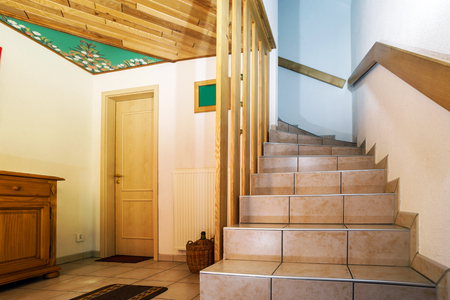 Wooden staircase in renovated house, countryside, Franceのeditorial素材