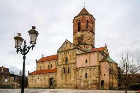 Old medieval church in village Rosheim, Alsace, France, springの写真素材