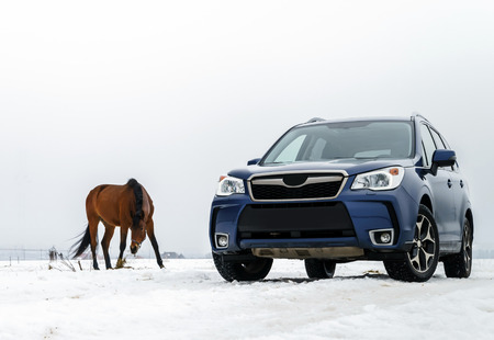 Powerful 4x4 offroader car and horse, winter landscape backgroundのeditorial素材