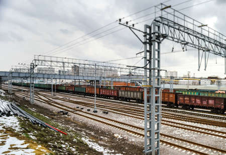 Perspective railway view, cloudy day. Moscow, Russia