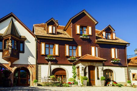 Typical alsacien house in small village, Bas-Rhin, France. Tourism and travel concept.のeditorial素材