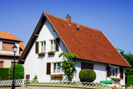 Typical alsacien house in small village, Bas-Rhin, France. Tourism and travel concept.のeditorial素材