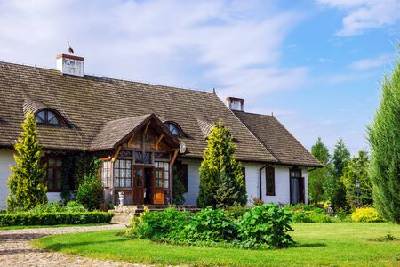 Typical alsacien house in small village, Bas-Rhin, France. Tourism and travel concept.