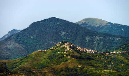 Silhouette of mountains view on sunset, Italy. Travel concept.の写真素材