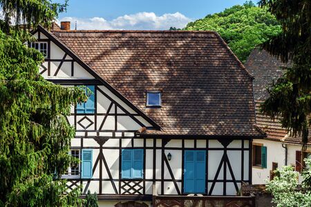 Old alsacien village street view, France, summerの写真素材