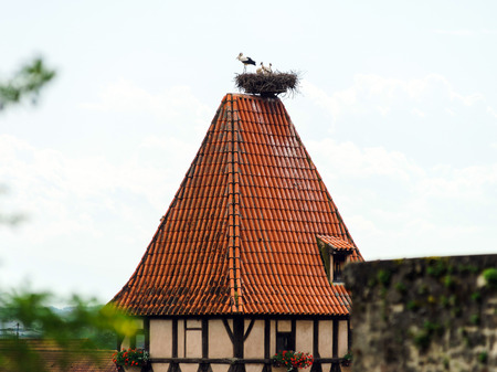 Old alsacien village street view, France, summerの写真素材