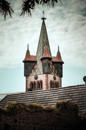 Old alsacien village street view, France, summerの写真素材