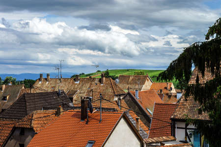 Old alsacien village street view, France, summerの写真素材