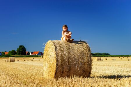 Funny cute little girl posing on the haystack in summer field, Alsace, Franceの写真素材