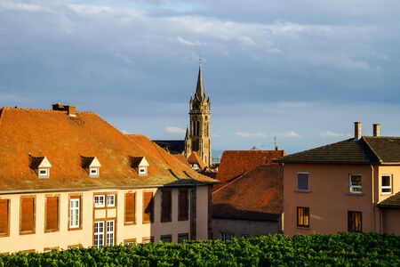 Beautiful colorful sunset over alsacien village Dambach-la-Ville. Panoramic view. Franceのeditorial素材