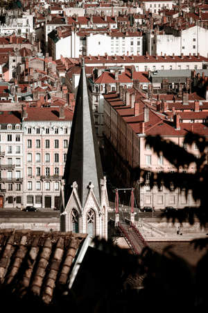 Lyon city bird-fly view from the hill, France, tourism conceptの写真素材