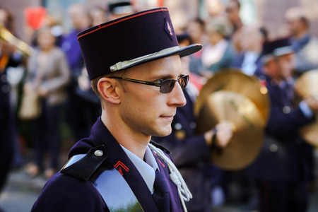 Editorial, 4 October 2015: Barr, France: Fete des Vendanges. Fancy-dress holiday and festival with orchestras and flowered cartsのeditorial素材