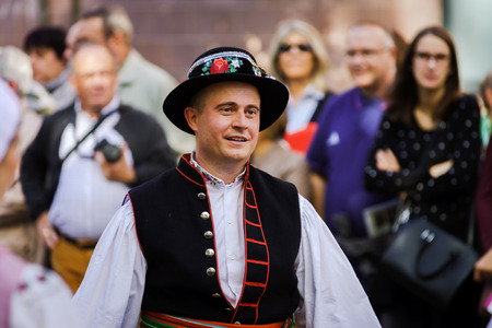 Editorial, 4 October 2015: Barr, France: Fete des Vendanges. Fancy-dress holiday and festival with orchestras and flowered cartsのeditorial素材