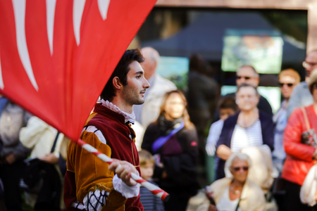 Editorial, 4 October 2015: Barr, France: Fete des Vendanges. Fancy-dress holiday and festival with orchestras and flowered cartsのeditorial素材