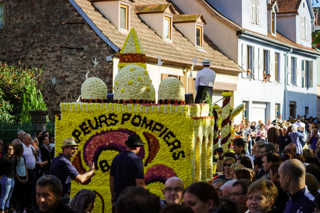 Editorial, 4 October 2015: Barr, France: Fete des Vendanges. Fancy-dress holiday and festival with orchestras and flowered cartsのeditorial素材