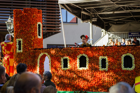 Editorial, 4 October 2015: Barr, France: Fete des Vendanges. Fancy-dress holiday and festival with orchestras and flowered cartsのeditorial素材