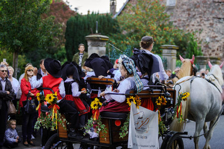 Editorial, 4 October 2015: Barr, France: Fete des Vendanges. Fancy-dress holiday and festival with orchestras and flowered cartsのeditorial素材