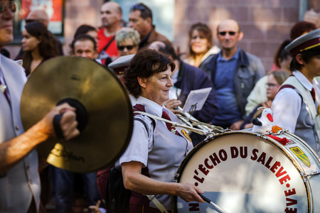 Editorial, 4 October 2015: Barr, France: Fete des Vendanges. Fancy-dress holiday and festival with orchestras and flowered carts Editorial, 4 October 2015: Barr, France: Fete des Vendanges. Fancy-dress holiday and festival with orchestras and flowered carts