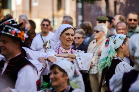 Editorial, 4 October 2015: Barr, France: Fete des Vendanges. Fancy-dress holiday and festival with orchestras and flowered cartsのeditorial素材