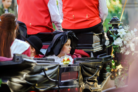 Editorial, 4 October 2015: Barr, France: Fete des Vendanges. Fancy-dress holiday and festival with orchestras and flowered cartsのeditorial素材