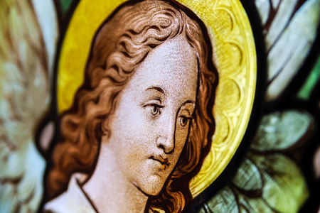 Painted leaded pane in the church, Alsace, Franceの写真素材