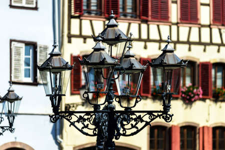 Beautiful old-style street lamp on the street, Barr, Franceの写真素材