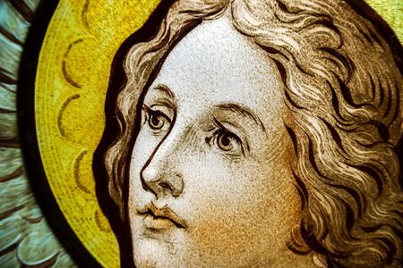 Painted leaded pane in the church, Alsace, Franceのeditorial素材