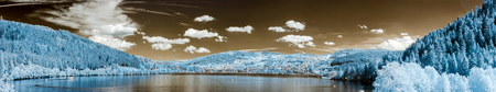Mountain lake panoramic view in infra-red, France