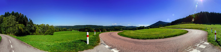 Spiral mountain road panoramic view, Alsace, France