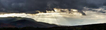 Beautiful stormy weather over the mountains panoramic view, Alsace, France, autumnの写真素材