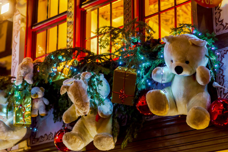 Shop-window and street decoration of Strasbourg before Christmas, prepare for holidaysの写真素材