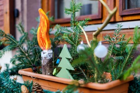 Beautiful Christmas decoration elements on street of alsacien villageの写真素材