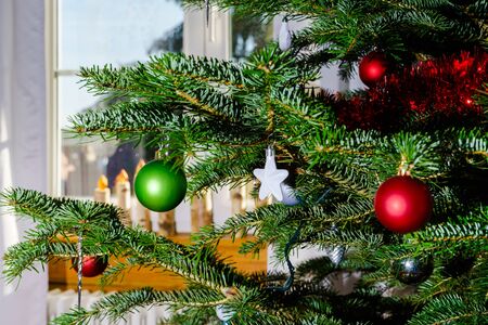Indoor Christmas and New Year decoration, tree and toysの写真素材
