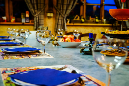 Wineglasses ready for the dinner in little restaurant, Franceの写真素材