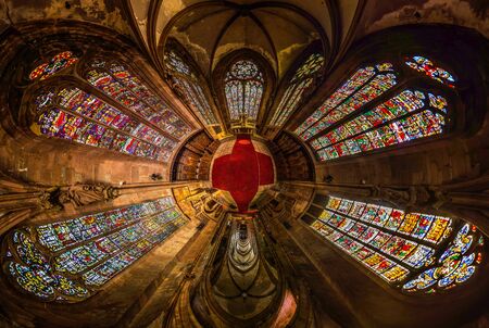 Leaded panes of Sainte George church of Selestat, little planet panoramic effect, space curvature