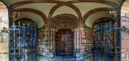 Medieval church gates, panoramic view, Sainte Foy cathedral, Selestat, France