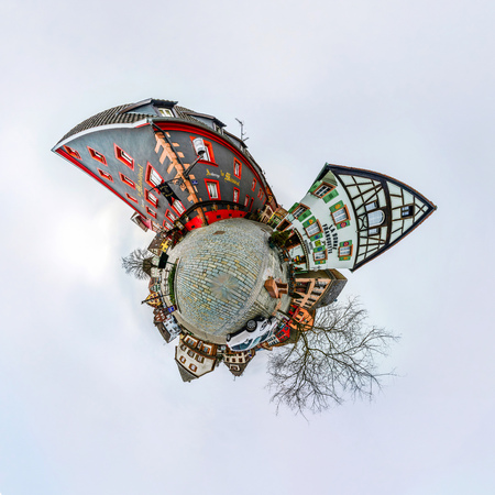 Funny street view of little french village. Curvature of space, little planet effect, panoramic view.のeditorial素材