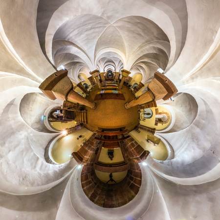 Kaleidoscope view of gothic church interior, little planet effect of panoramic shot. Andlau, France.のeditorial素材