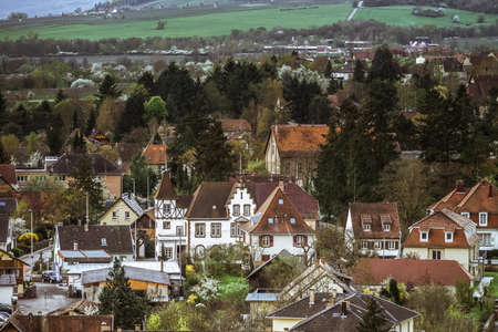 Old part of Obernai overview in stormy weather, Franceの写真素材