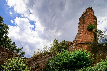 Old medieval fortress ruins of Chateau Landsberg in deep forest, Alsace, Franceの写真素材