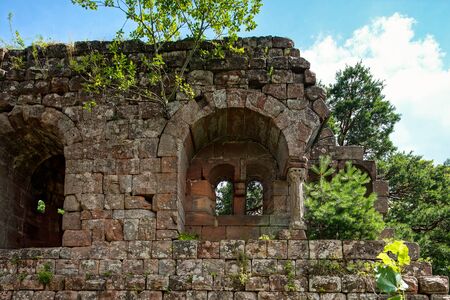 Old medieval fortress ruins of Chateau Landsberg in deep forest, Alsace, Franceの写真素材