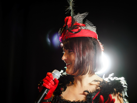 Christel Kern singing chanson. Portrait of french actress. Expressive concert repetition, Strasbourg, France.の写真素材