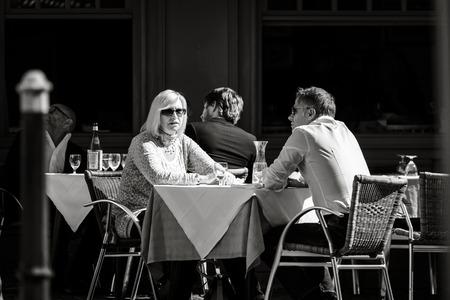 24th September 2016: Strasbourg, France. Summer day in the touristic center of Strasbourg. People walking, sitting in cafe. Touristic concept.のeditorial素材